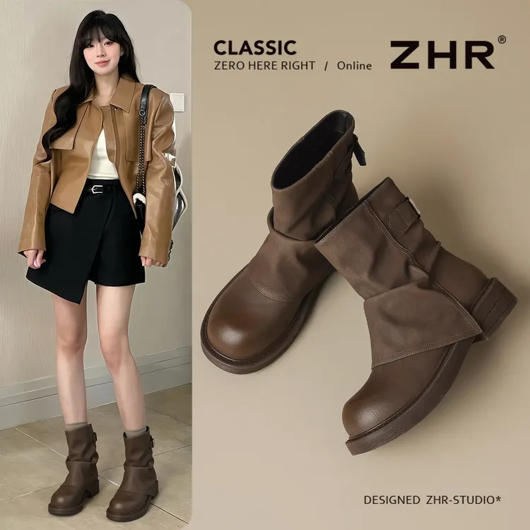 靴子女款爆款2025新款厚底短靴女美拉德西部堆堆靴裤管靴马丁靴女