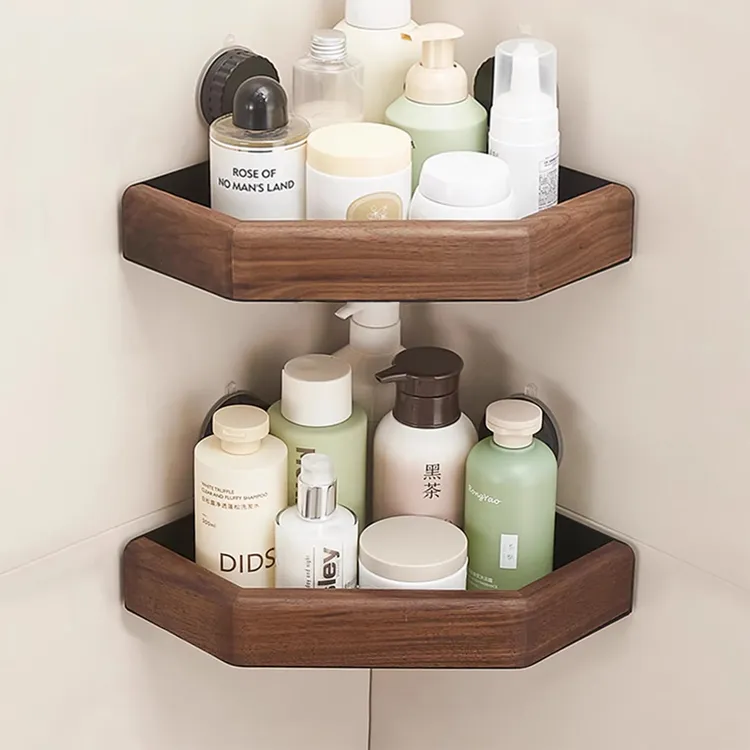 cmeo胡桃木吸盘浴室卫生间置物架厕所洗手间洗漱台淋浴房三角架子