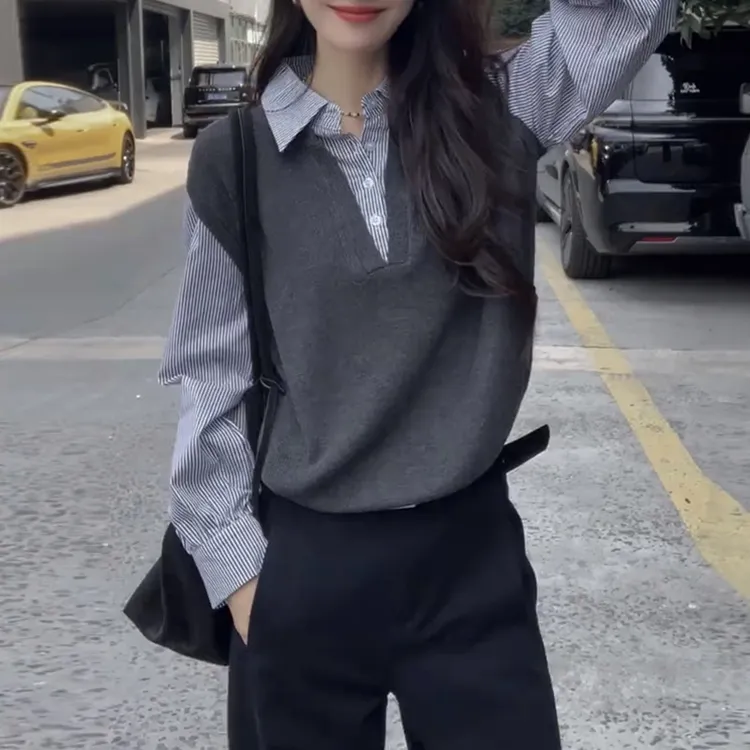 早秋新款条纹假两件针织衫慵懒风高级感上衣松弛感独特漂亮小衫潮