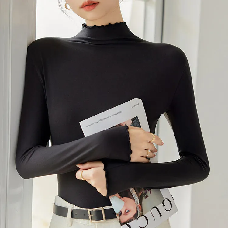 严选半高领木耳边内搭修身打底衫女秋冬T恤保暖上衣纯色韩版长袖