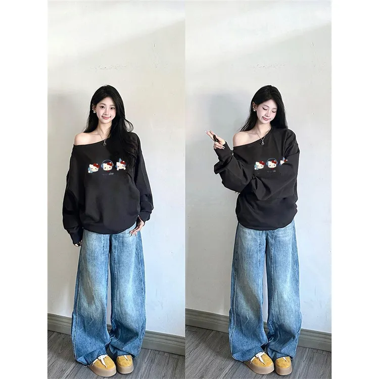 【ZHAP】韩系甜酷风斜领露肩宽松卫衣女秋季新款kt猫印花黑色复古上