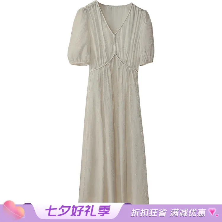 丝柏舍2025秋季新款女装泡泡袖简约中长款V领连衣裙S52B1572L