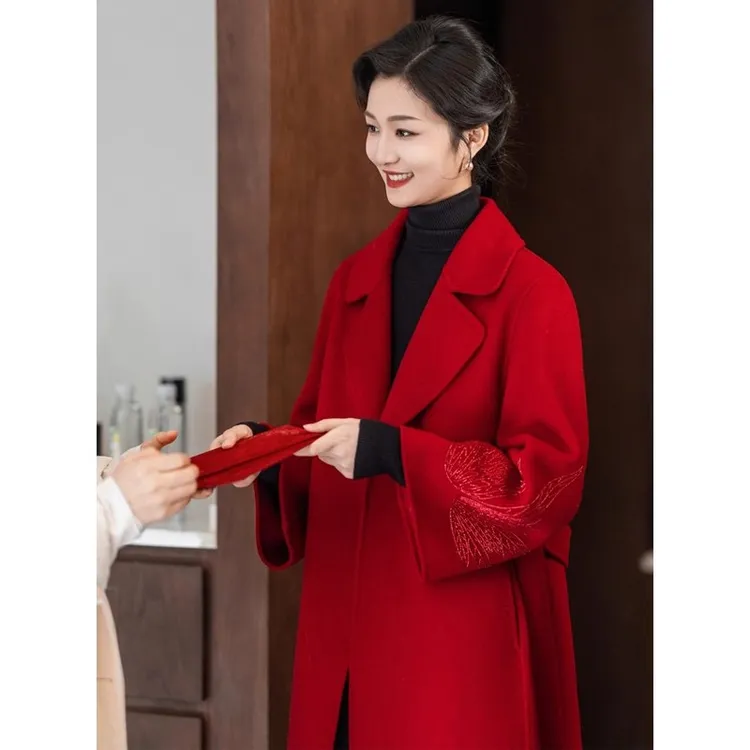 妈妈婚宴礼服2025时尚洋气高端双面羊绒大衣喜婆婆装结婚气质冬装