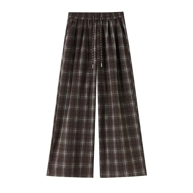新款复古磨毛格子高腰阔腿女士休闲长裤