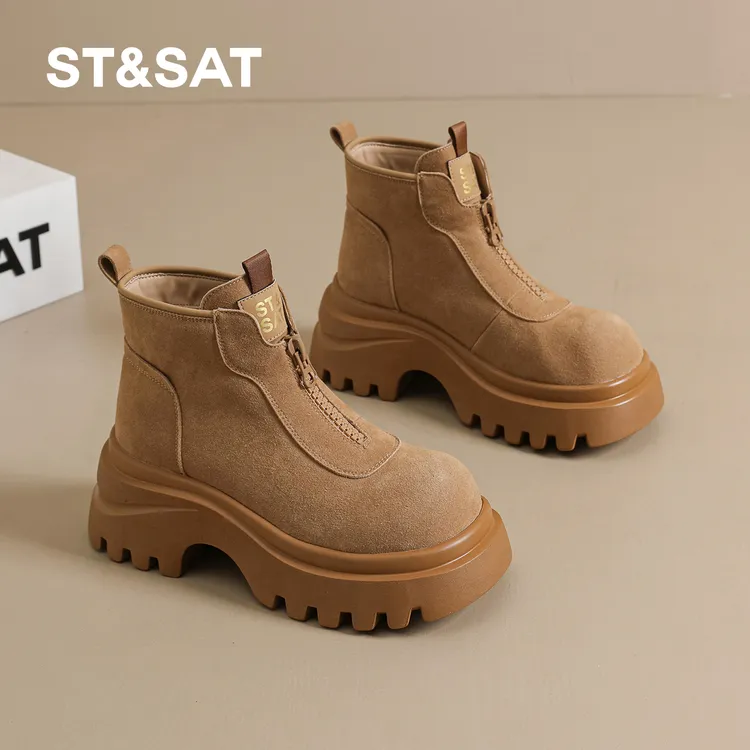 星期六百搭英伦风马丁靴2026秋冬新款加绒舒适大黄靴增高绒面短靴