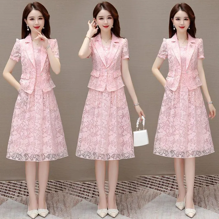2023夏季新款气质名媛高端显瘦甜美减龄粉色套裙假两件连衣裙女装