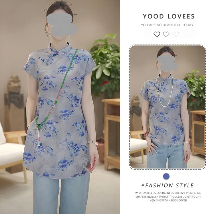 夏季新款中式斜襟盘扣提花衬衫中长款衬衣国风改良旗袍上衣女短袖