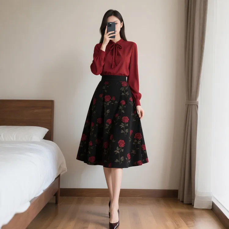 秋季新款女装时尚法式复古印花两件套装半身裙子女士优雅通勤气质