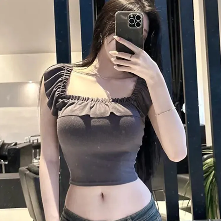 韩国女装辣妹气质显瘦性感女人味紧身荷叶边露肩短款露脐T恤上衣
