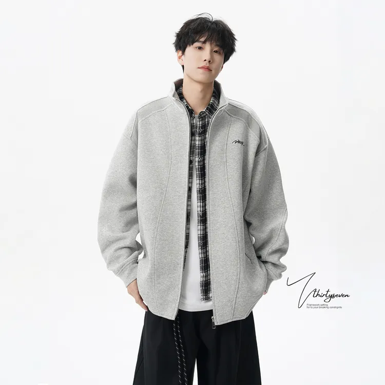 V37美式国潮刺绣开衫卫衣男秋宽松立领情侣外套cleanfit灰色夹克