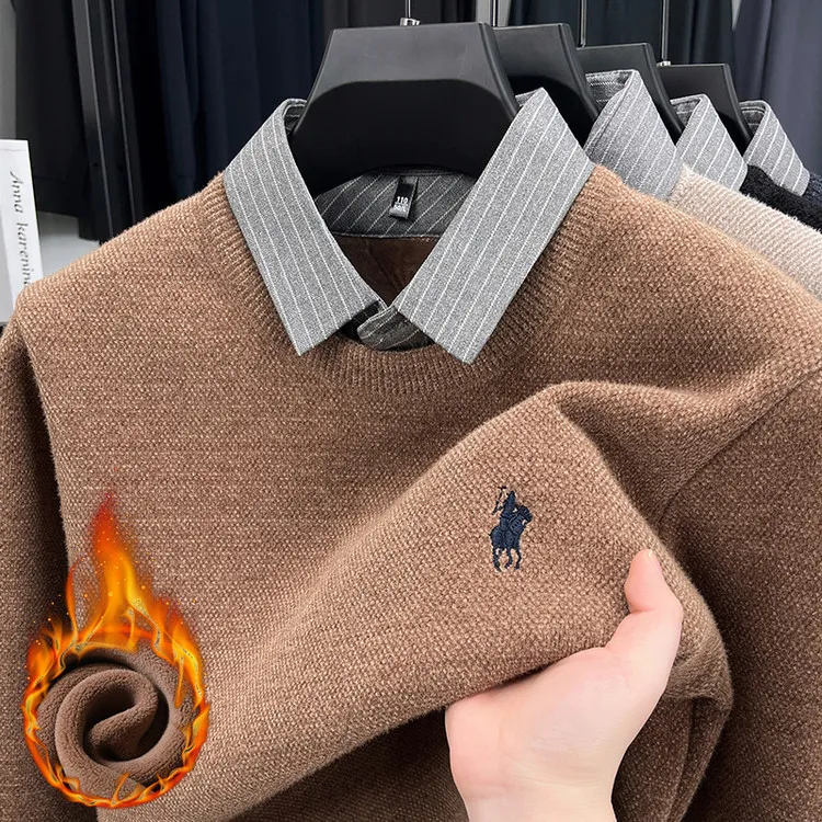 宽松型高品质雪貂毛长袖假两件针织衫男式冬季潮流百搭保暖打底衫