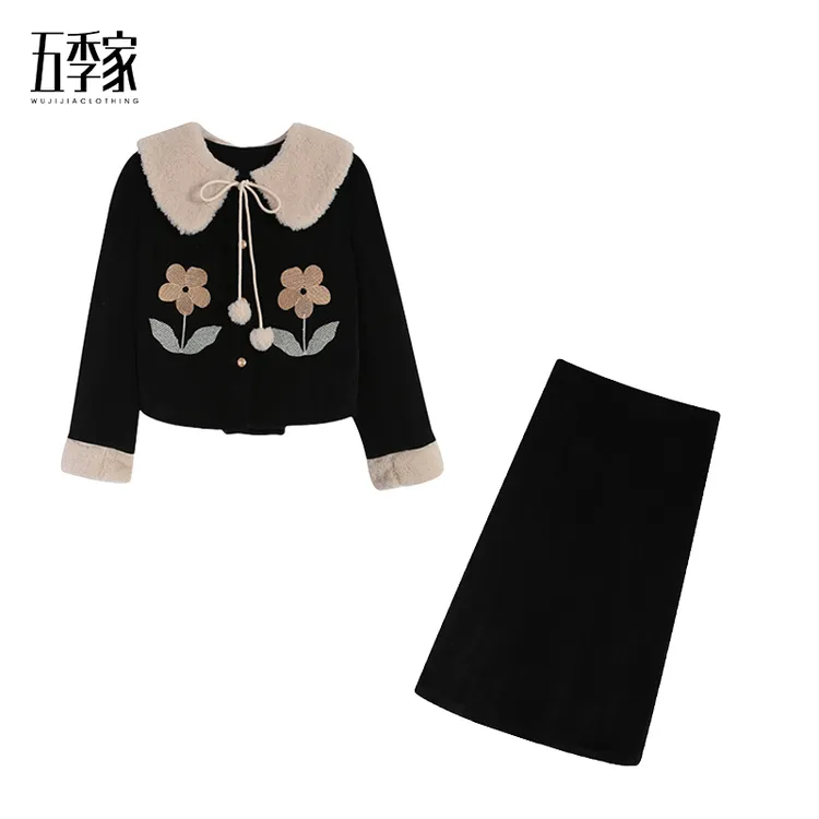 【五季家大码】冬季刺绣花朵显瘦黑色上衣+黑色加棉长半裙ZL114361