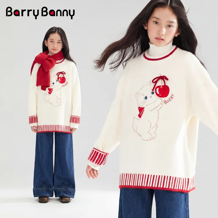 BarryBanny女童仿貂毛加厚毛衣2025冬季新款儿童保暖宽松针织上衣