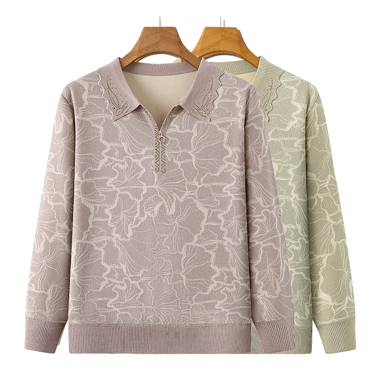 中老年女装秋季长袖T恤衫洋气妈妈装翻领打底小衫外穿老年人上衣