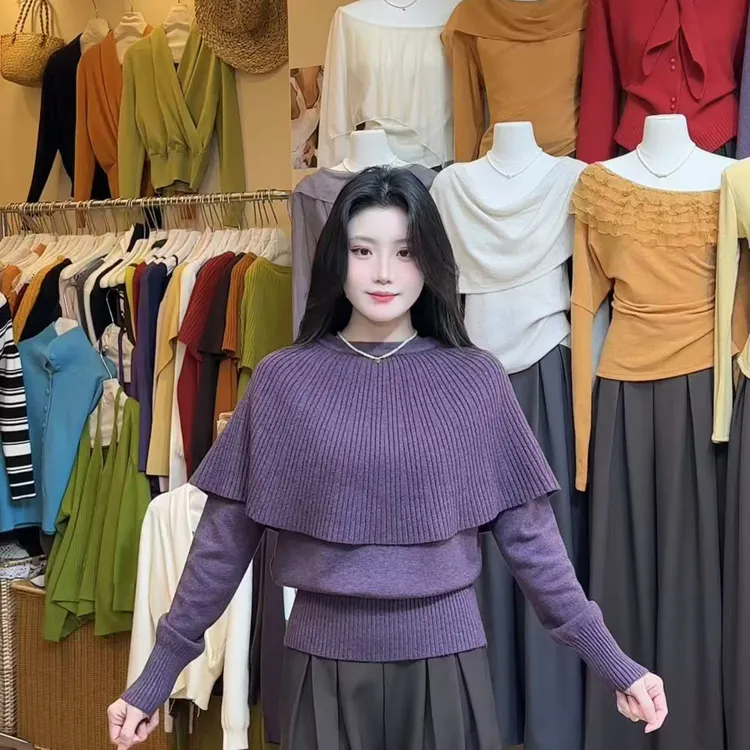 早秋韩系温柔风斗篷假两件针织衫女2025新款秋季毛衣独特漂亮上衣