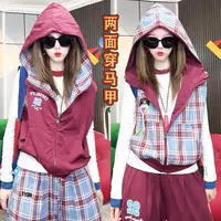 A309原创潮牌宽松显瘦时尚洋气减龄马夹外套女连帽马甲【两面穿】