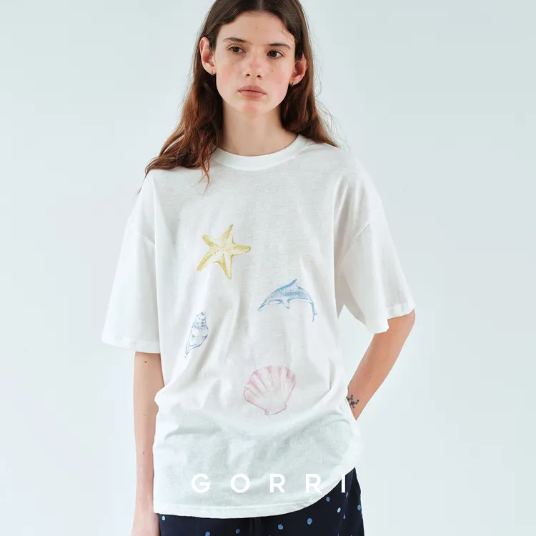 GORRI轻薄亚麻微透海星印花短袖海岛假日贝壳宽松慵懒圆领T恤