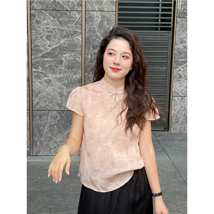 WenWen小个子新中式国风印染蝴蝶短袖气质衬衫显瘦时尚上衣4097