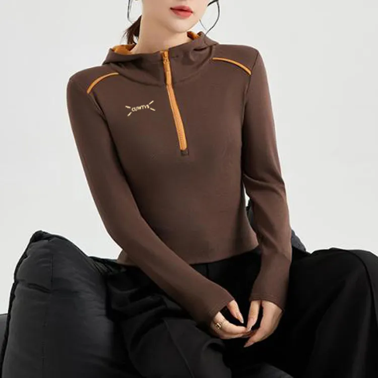 打底衫上衣女2025秋冬新款连帽拼色拉链刺绣显瘦百搭休闲气质上衣