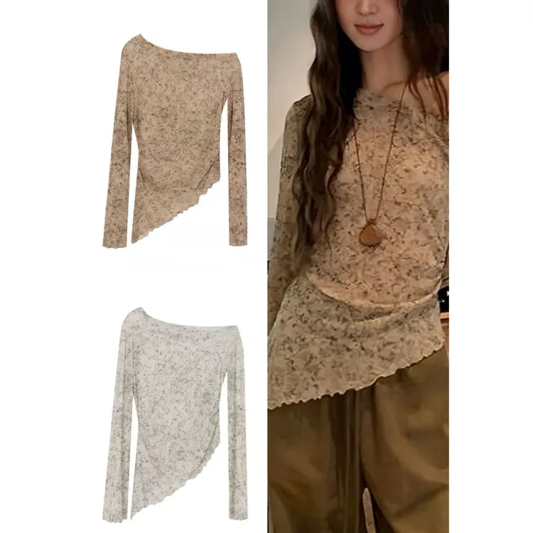 2025秋季高级感斜肩晕染复古设计感不规则下摆气质网纱慵懒风上衣