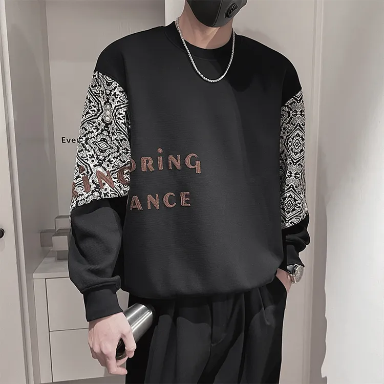 民族风男士卫衣春季2025新款爆款撞色拼接圆领长袖打底衫男装外套