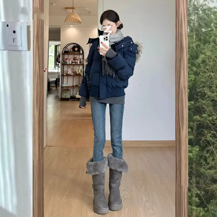 复古蓝高腰弹力小脚牛仔裤女2025秋冬新款加绒紧身显瘦双扣铅笔裤