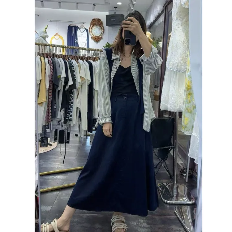 早秋新品慵懒风长袖条纹披肩衬衫衬衣半身裙两件套休闲优雅高档潮