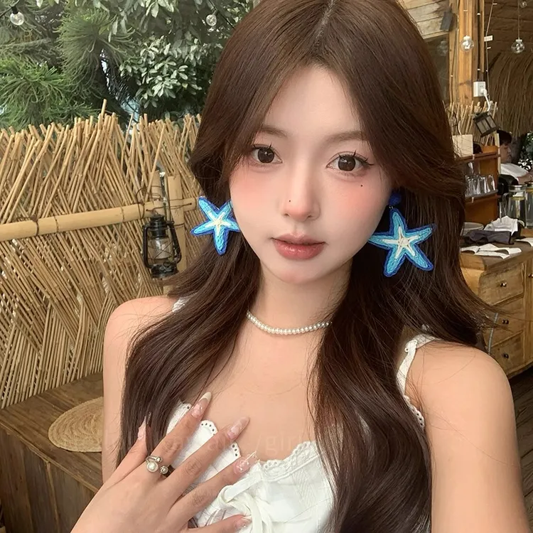 合金布艺耳饰 海边度假风蓝色海星耳环女夏季夸张显脸小耳钉耳饰