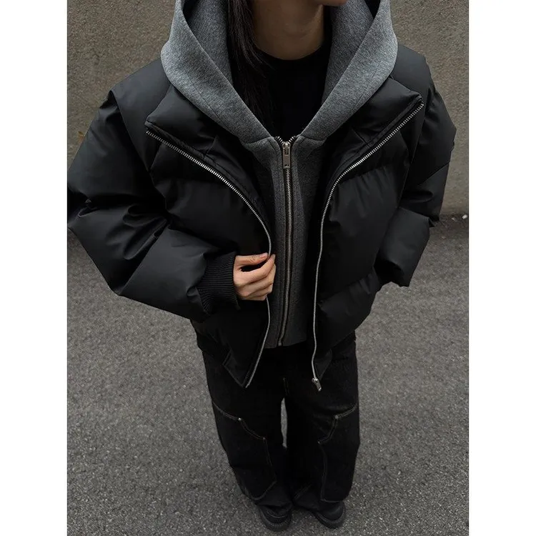 PU假两件连帽宽松棉衣男款保暖短款冬季高级感男装棉服加厚外套