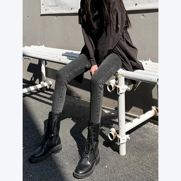 灰黑紧身牛仔裤女2025新款秋冬小个子高腰修身显瘦加绒小脚铅笔裤