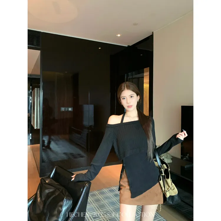 【禾呈】秋季显瘦微修身斜肩罩衫时尚内搭吊带上衣女50643/50644