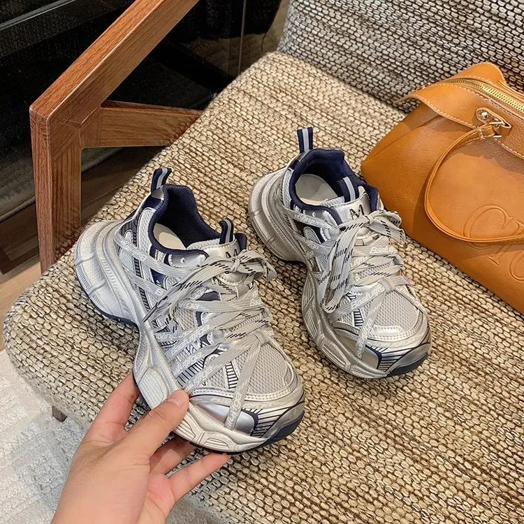 2025秋季做旧脏脏巴黎老爹鞋蜘蛛侠绑带百搭休闲厚底增高运动鞋子