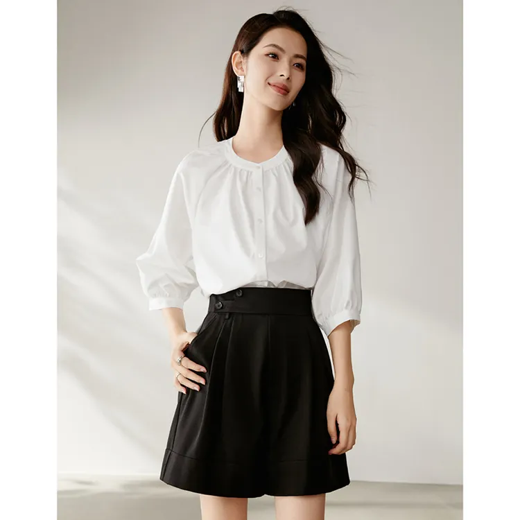 晚白【新品】2025春衬衣圆领衬衫女24091970