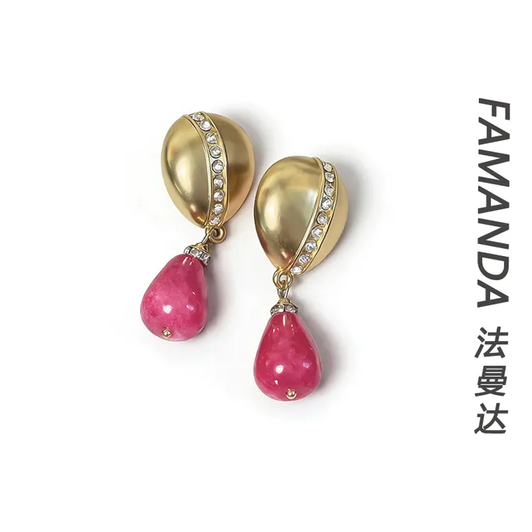 法曼达 铜合金锆石耳饰 【金笼玫珀】玫红色法式宫延超高级耳钉
