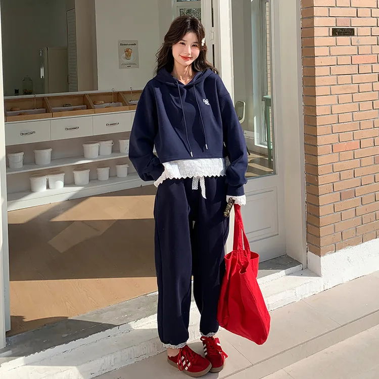 韩系假两件拼接蕾丝卫衣套装女春季2025新款洋气时髦休闲裤两件套