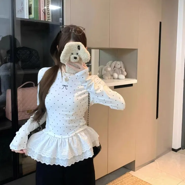 大码德绒蕾丝花边波点长袖T恤女秋冬季新款修身显瘦遮肉外穿上衣