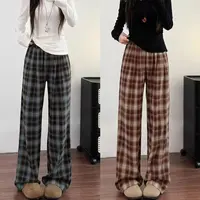 格纹直筒垂感休闲裤女秋胖mm大码显瘦梨形身材宽松阔腿裤子8048#