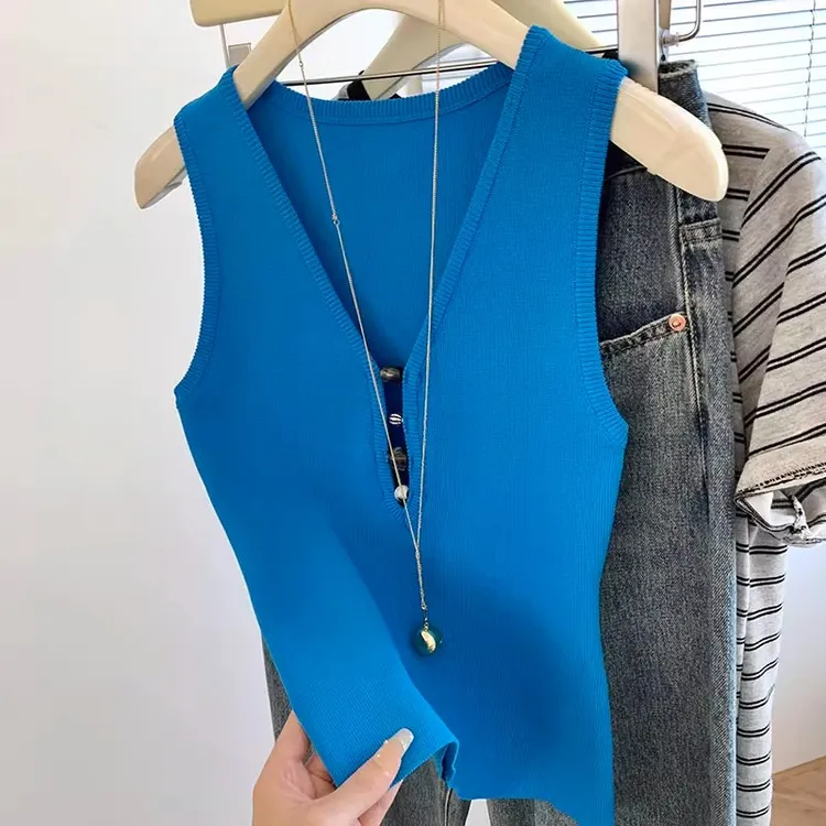 2025夏季新款韩系设计感v领无袖针织背心小衫女简约修身显瘦上衣