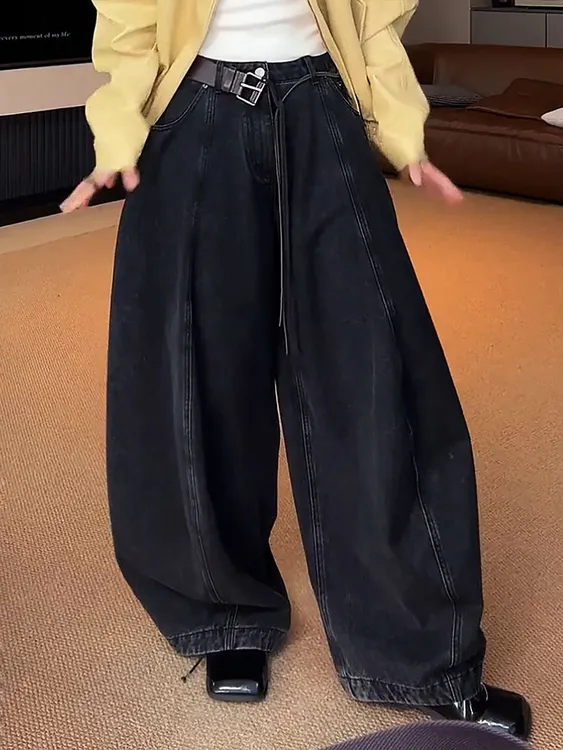 美式高街水洗辣妹廊形百搭牛仔裤子女宽松慵懒松弛感拖地弯刀长裤