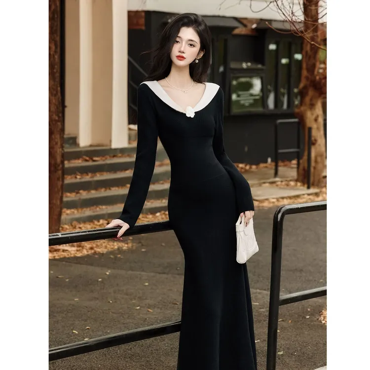 法式复古名媛小香风花朵拼接连衣裙气质赫本长裙小黑裙长裙针织裙