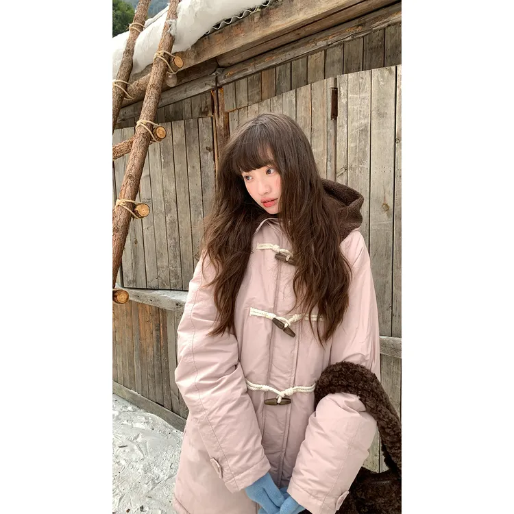 RAINY 韩系中长款90白鸭绒牛角扣羽绒服冬季女保暖防风连帽外套