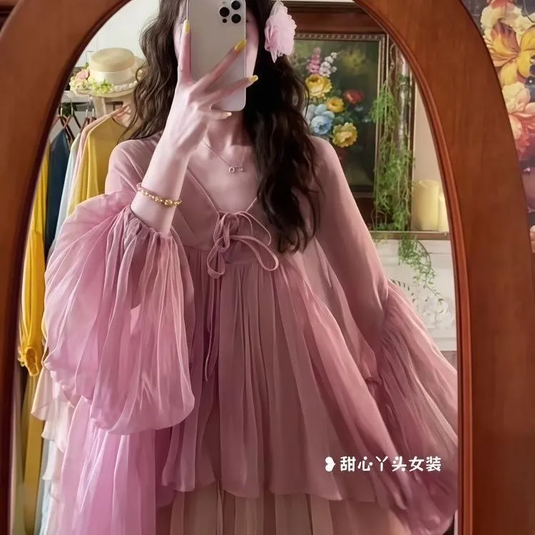 纯欲性感V领泡泡袖上衣女宽松夏季新款收腰显瘦防晒气质长袖衬衣