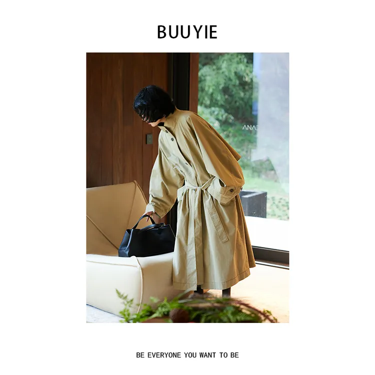 BUUYIE 25SS【雅廓】收腰绑带宽松立领卡其色风衣 250877