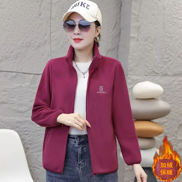 秋冬时尚休闲运动百搭气质加绒加厚奥粒绒外套中年立领保暖妈妈装