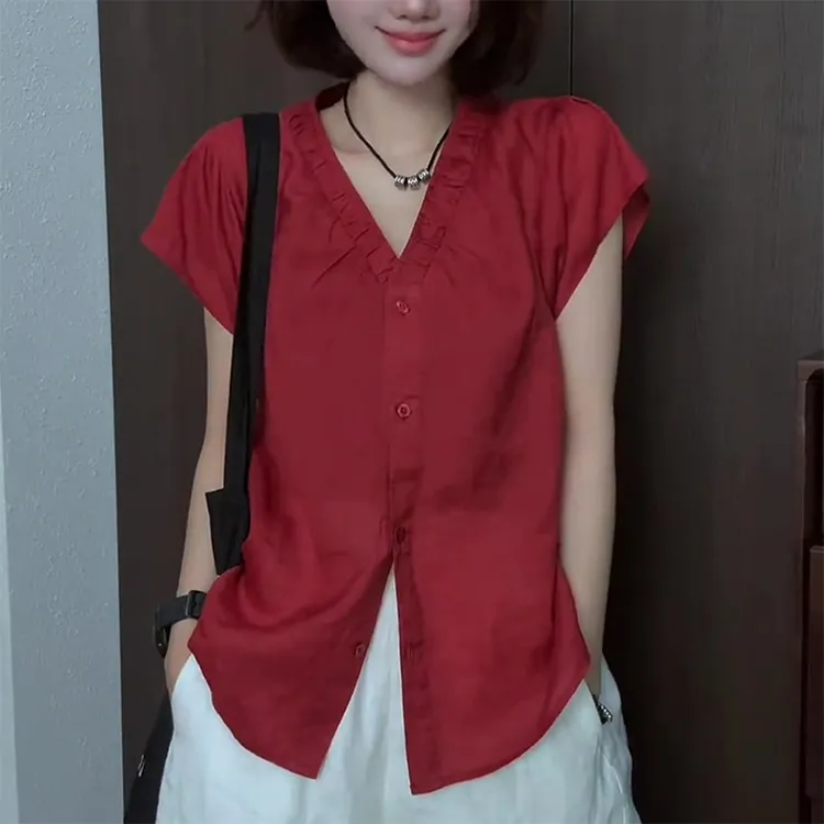 法式别致V领褶皱红色短袖衬衫女2025夏季顺款设计感轻薄透气百搭