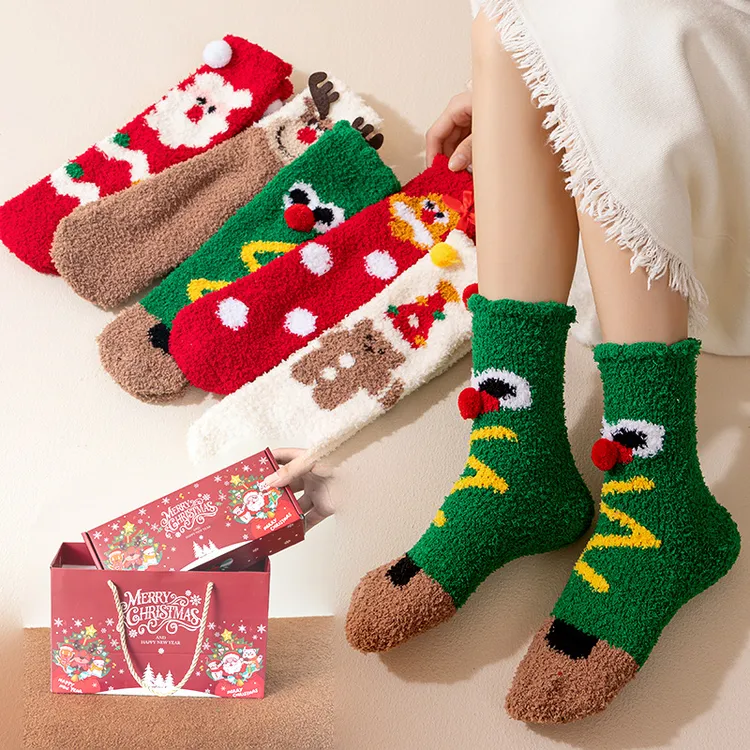 圣诞袜子女不掉毛加厚保暖珊瑚绒秋冬地板袜卡通睡眠中筒女袜