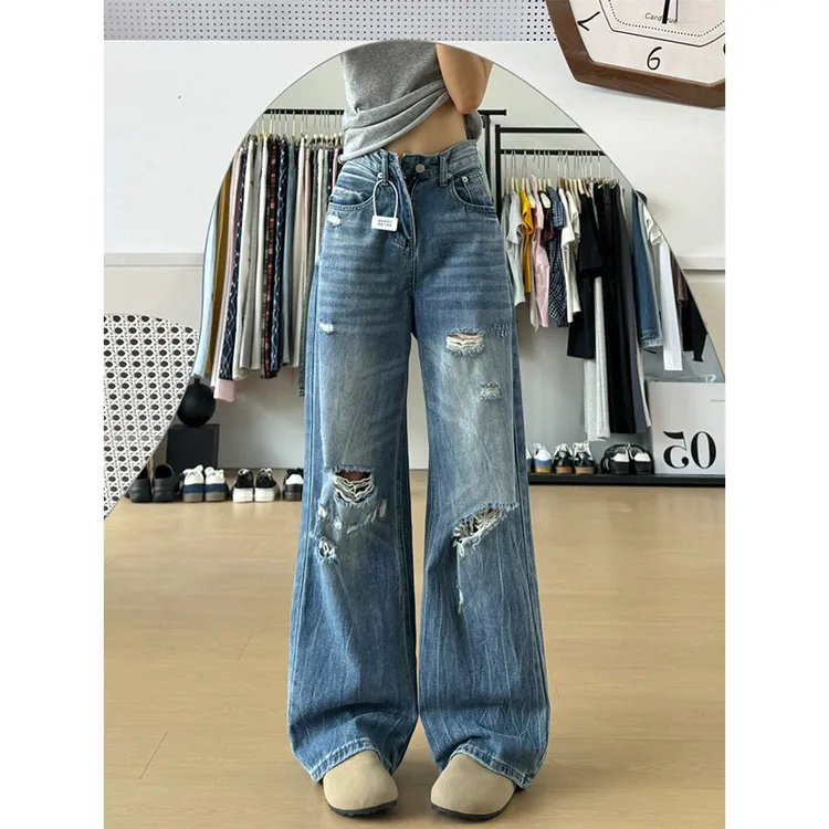 美式水洗破洞折痕阔腿牛仔裤女夏季新款复古水洗宽松拖地直筒长裤