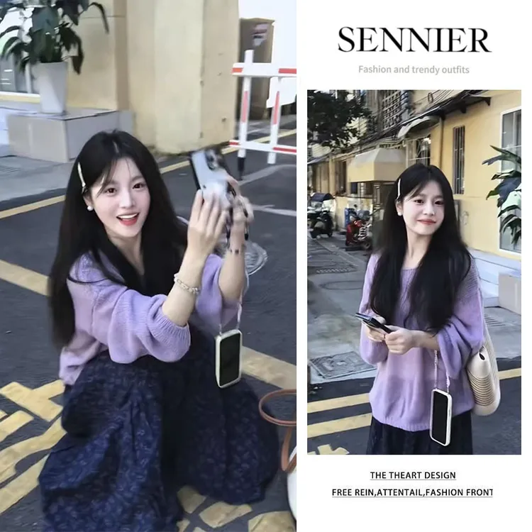 今年流行穿搭2025新款宽松纯色长袖针织衫显瘦碎花半身裙两件套女