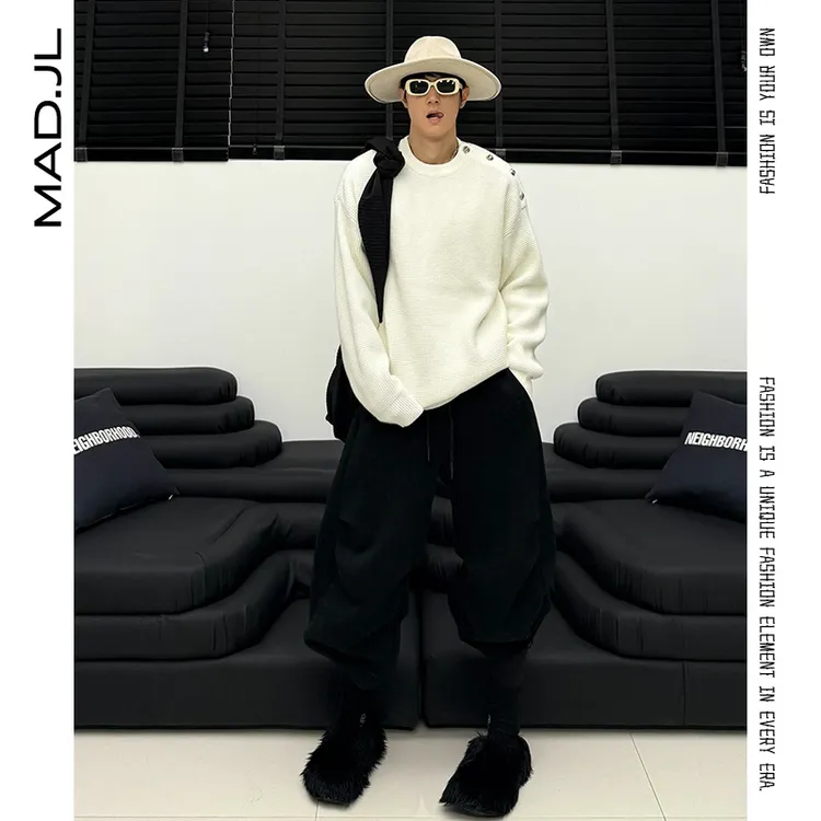 Mad秋冬莫代尔荔枝纹超软Q弹定制肩扣宽松松弛感毛衣男女同款