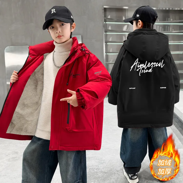 男童加绒加厚外套6-12岁中大童男孩冬装风衣儿童红色派克服棉衣潮